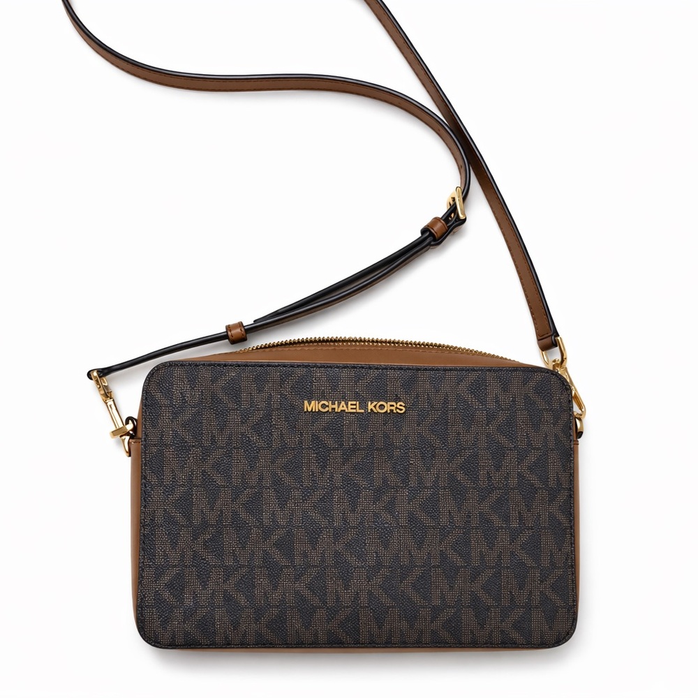 Michael Kors Jet Set Crossbody Bag Brown MK Signature Canvas Gold Hardware NEW - Picture 2 of 5